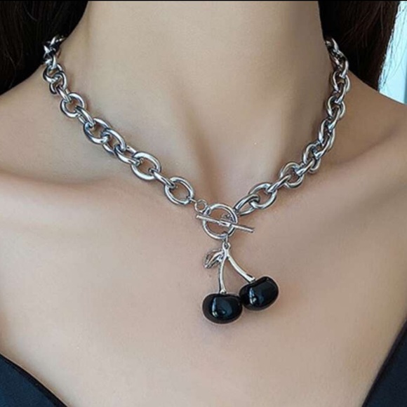 Y2K Gothic Halloween Black Cherry Silver Tone Chain Link Choker Necklace - Picture 6 of 8